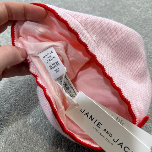 Janie and Jack NWT Pink Knit Beanie Beret Red Bow Scalloped Baby Girl 18–24 Mos - Picture 10 of 12